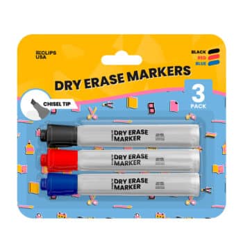 Dry Erase Markers, Chisel Tip. Black, Red, Blue Ink. 3 Pk.