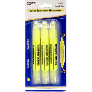 Jumbo Fluorescent Highlighters, Double Tip: Chisel & Bullet, Yellow, 3 Pk.