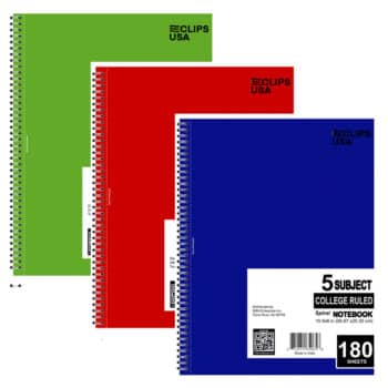 Poly Cover 5 Subject Notebook, 180 Sheets w/ 2 Pockets, College Ruled