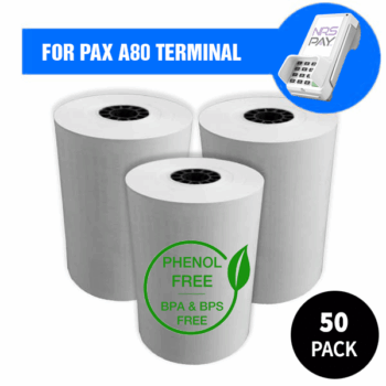 Pack of 50 PAX A80 Printer Paper Rolls PHENOL FREE (BPA & BPS Free)